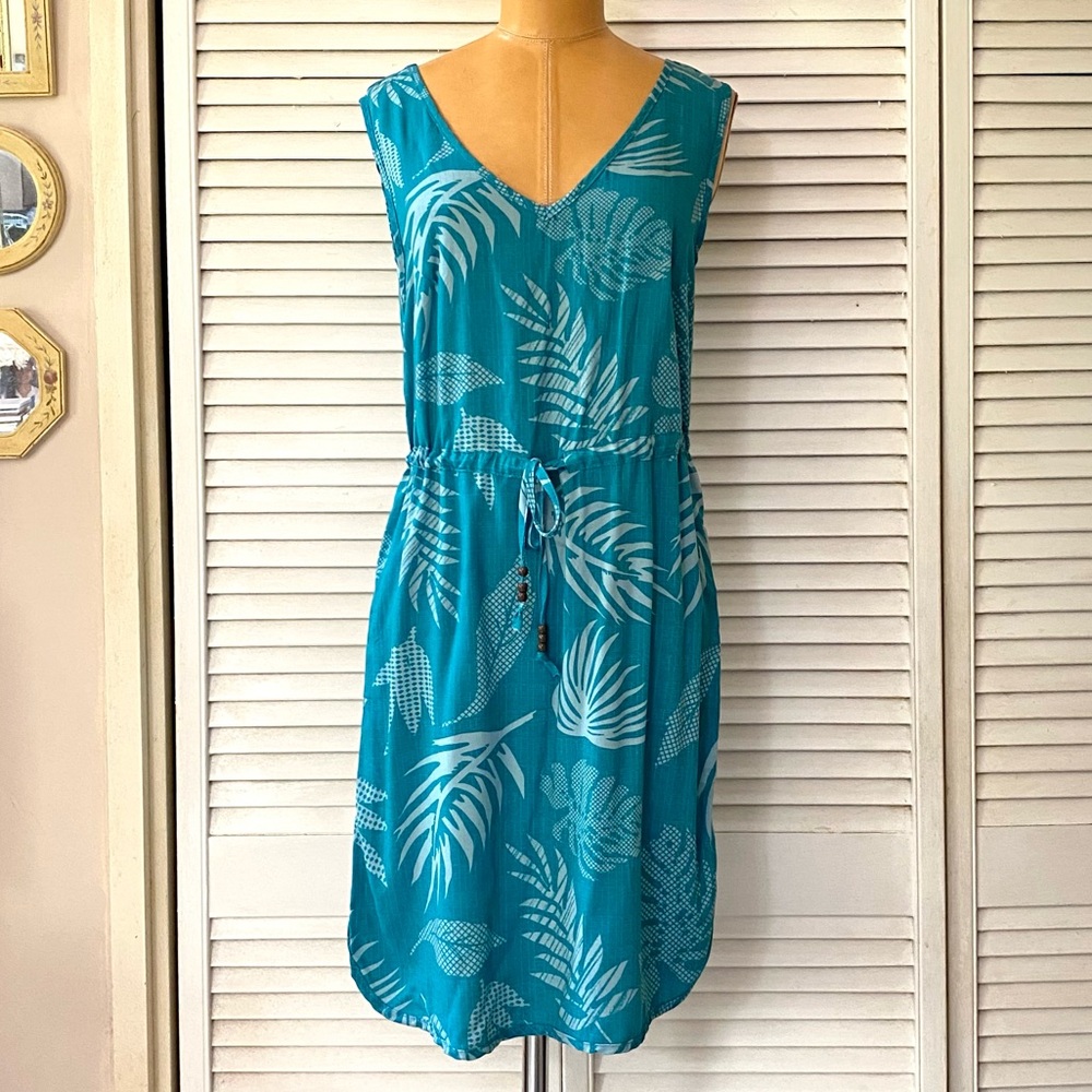 🆕 Palmwave Dress Womens Medium Teal Blue Sleeveless Tropical Casual Party Shift